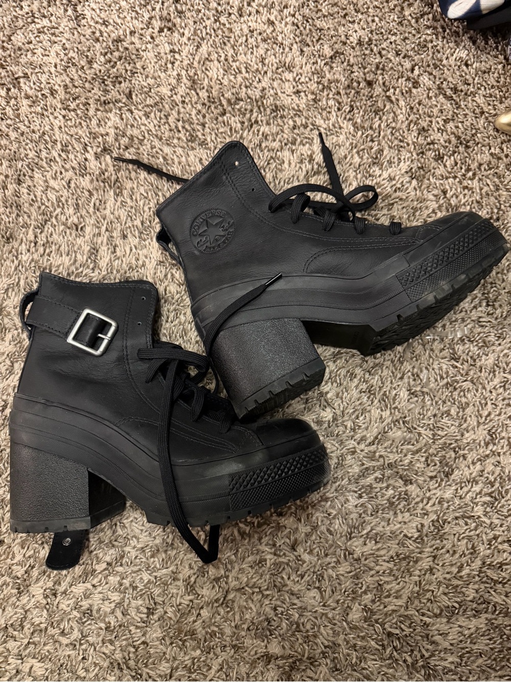 Converse Black Platform Lug Heel Ankle Boots with Buckle